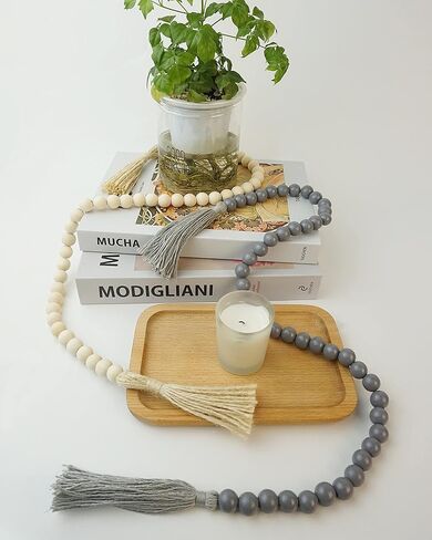 إكليل من الخرز الخشبي مع شرابات، قطعتان من إكليل الخرز الخشبي مقاس 35 بوصة، ديكور المزرعة الحديثة، تصفية ديكور المنزل بوهو in Kuwait