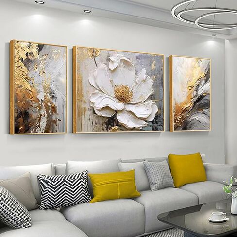 White Floral Oil Painting Wall Art ,Large Paintings for Living Room,Framed Modern Wall Decor,Flower Canvas Wall Decorations,Large Abstract Artwork Hand Paintings Hang for Bedroom Home Office Décor set 24"x64" in Saudi Arabia