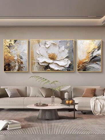 White Floral Oil Painting Wall Art ,Large Paintings for Living Room,Framed Modern Wall Decor,Flower Canvas Wall Decorations,Large Abstract Artwork Hand Paintings Hang for Bedroom Home Office Décor set 24"x64" in Saudi Arabia