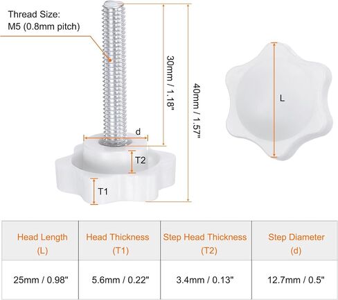HARFINGTON 10pcs Star Knobs M5 x 35mm Male Thread 25mm Plastic 6-Point Head Stud Knob Hand Tightening Clamping Screw Replacement Threaded Handle, White in Saudi Arabia