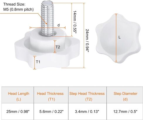 HARFINGTON 10pcs Star Knobs M5 x 35mm Male Thread 25mm Plastic 6-Point Head Stud Knob Hand Tightening Clamping Screw Replacement Threaded Handle, White in Saudi Arabia