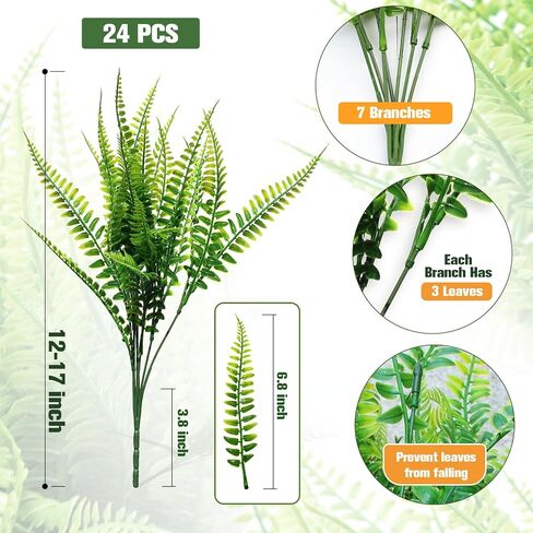 24 Pcs Artificial Boston Ferns Fake Plants for Outdoors, Faux Plants Indoor Greenery Stems and Leaves Shrub Branches, UV Resistant Plastic Fake Fern Plant Bulk for Porch Hanging Planter Window Decor in Saudi Arabia