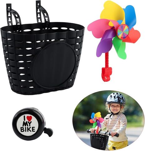 Kids Bike Basket, Cute Bicycle Front Handlebar Basket with Bell Windmill, Adjustable Small Scooter Arts and Crafts Bike Decoration, Bike Accessories for Boys Girls Kids(Black) in Saudi Arabia