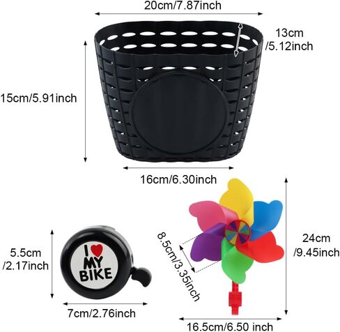 Kids Bike Basket, Cute Bicycle Front Handlebar Basket with Bell Windmill, Adjustable Small Scooter Arts and Crafts Bike Decoration, Bike Accessories for Boys Girls Kids(Black) in Saudi Arabia