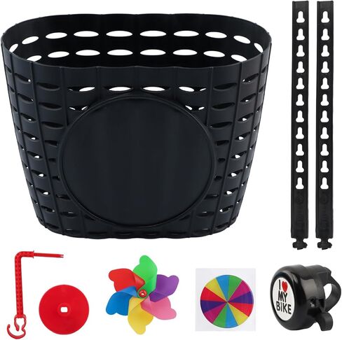 Kids Bike Basket, Cute Bicycle Front Handlebar Basket with Bell Windmill, Adjustable Small Scooter Arts and Crafts Bike Decoration, Bike Accessories for Boys Girls Kids(Black) in Saudi Arabia