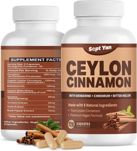 Ceylon Cinnamon Capsules 1200mg Cinnamon Bark Supplements with Chromium, Berberine HCL & Turmeric, Vegan, 120 Capsules, Energy, Metabolism, Heart & Immune Support in Saudi Arabia