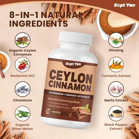 Ceylon Cinnamon Capsules 1200mg Cinnamon Bark Supplements with Chromium, Berberine HCL & Turmeric, Vegan, 120 Capsules, Energy, Metabolism, Heart & Immune Support in Saudi Arabia