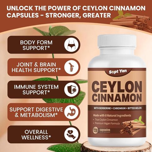 Ceylon Cinnamon Capsules 1200mg Cinnamon Bark Supplements with Chromium, Berberine HCL & Turmeric, Vegan, 120 Capsules, Energy, Metabolism, Heart & Immune Support in Saudi Arabia