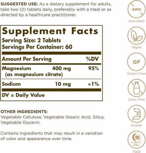 Solgar Magnesium Citrate - 120 Tablets - Promotes Healthy Bones, Supports Nerve & Muscle Function - Highly Absorbable - Non-GMO, Vegan, Gluten Free, Kosher - 60 Servings in Saudi Arabia