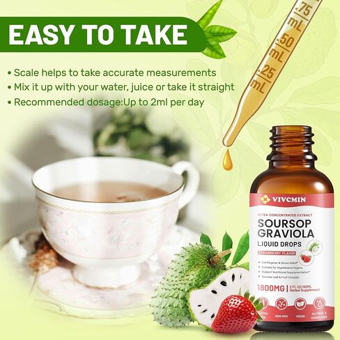 Organic Soursop Leaf Extract Liquid - Premium Soursop Bitters, Vegan, Sugar & Gluten Free, 98% Absorption Rate, Strawberry Flavor in Saudi Arabia