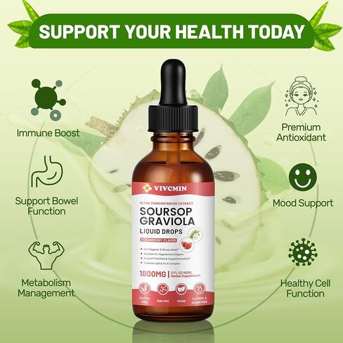 Organic Soursop Leaf Extract Liquid - Premium Soursop Bitters, Vegan, Sugar & Gluten Free, 98% Absorption Rate, Strawberry Flavor in Saudi Arabia