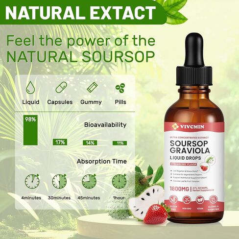 Organic Soursop Leaf Extract Liquid - Premium Soursop Bitters, Vegan, Sugar & Gluten Free, 98% Absorption Rate, Strawberry Flavor in Saudi Arabia