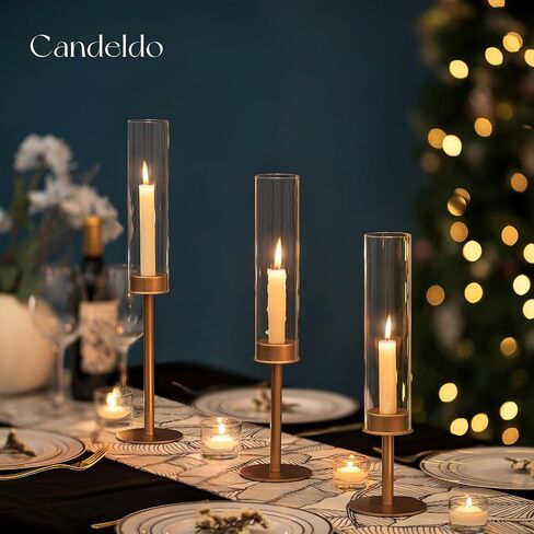 Candlestick Candle Holder Gold Hurricane: Candeldo Taper Candle Holders for Wedding Glass Table Centerpiece for Dining Tables Set of 3 Tall Christmas Candles Stand in Saudi Arabia