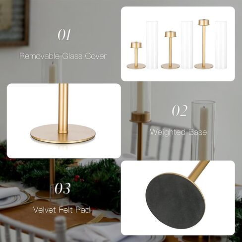 Candlestick Candle Holder Gold Hurricane: Candeldo Taper Candle Holders for Wedding Glass Table Centerpiece for Dining Tables Set of 3 Tall Christmas Candles Stand in Saudi Arabia