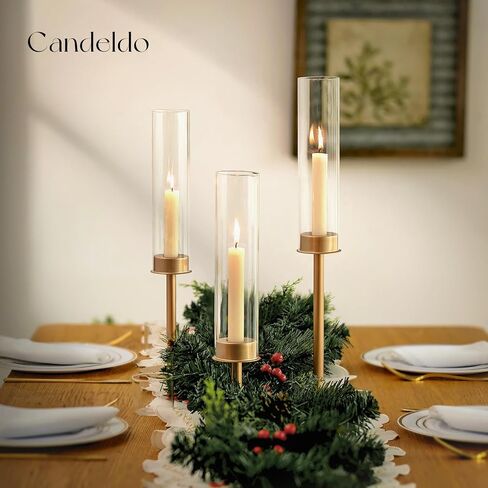 Candlestick Candle Holder Gold Hurricane: Candeldo Taper Candle Holders for Wedding Glass Table Centerpiece for Dining Tables Set of 3 Tall Christmas Candles Stand in Saudi Arabia