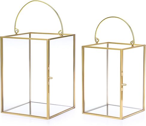 مجموعة من 2 حامل شموع إعصار زجاجي ذهبي من OWNMY، فوانيس شموع هندسية، حامل شموع معدنية مع مقبض، مزهرية شمعدان زجاجية مزخرفة لقطع مركزية لديكور الزفاف in Kuwait