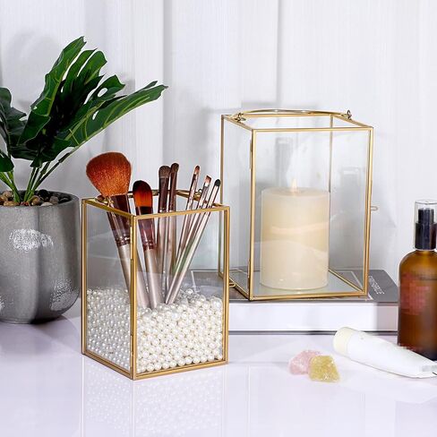 مجموعة من 2 حامل شموع إعصار زجاجي ذهبي من OWNMY، فوانيس شموع هندسية، حامل شموع معدنية مع مقبض، مزهرية شمعدان زجاجية مزخرفة لقطع مركزية لديكور الزفاف in Kuwait