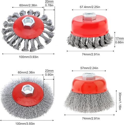 4 عبوات من العجلات السلكية لمطحنة الزوايا، 5/8 بوصة - 11 خيوط UNC أربور 0.012 بوصة من الكربون الخشن و0.02 بوصة فرشاة أكواب من أسلاك الفولاذ الكربوني المعقودة لمطحنة زاوية 4-1/2 لإزالة الطلاء والصدأ in Kuwait
