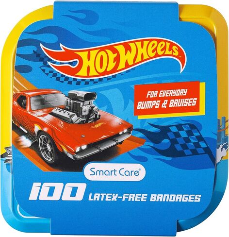 Hot Wheels Bandage Kit, Bandaids for Kids, Ideal for Boys, Infants and Children, Latex-Free Band Aids, Ft a Collectible Hot Wheels Tin Case, Variety Pack with 3 Assorted Sizes, 100 ct. in Saudi Arabia