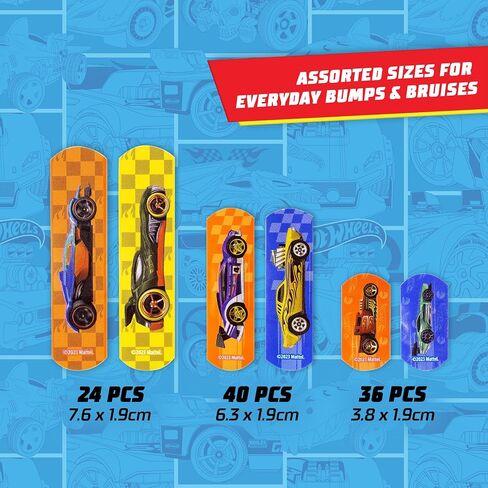 Hot Wheels Bandage Kit, Bandaids for Kids, Ideal for Boys, Infants and Children, Latex-Free Band Aids, Ft a Collectible Hot Wheels Tin Case, Variety Pack with 3 Assorted Sizes, 100 ct. in Saudi Arabia