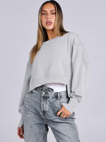 ANRABESS Womens Cropped Oversized Sweatshirts Crewneck Long Sleeve Pullover Crop Tops 2024 Fall Teen Girls Preppy Clothes in Kuwait