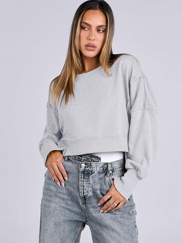ANRABESS Womens Cropped Oversized Sweatshirts Crewneck Long Sleeve Pullover Crop Tops 2024 Fall Teen Girls Preppy Clothes in Kuwait