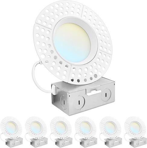 مصابيح LUXRITE مقاس 4 بوصات بدون حواف LED مع صندوق توصيل، 5CCT يمكن اختيارها 2700K-5000K، 15 وات، 1200 لومن، قابلة للتعتيم، مصنفة رطبة وIC، إضاءة سفلية بدون غطاء، قائمة ETL، بناء جديد وإعادة تشكيل (6 عبوات) in Saudi Arabia