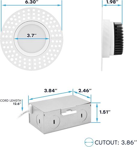 مصابيح LUXRITE مقاس 4 بوصات بدون حواف LED مع صندوق توصيل، 5CCT يمكن اختيارها 2700K-5000K، 15 وات، 1200 لومن، قابلة للتعتيم، مصنفة رطبة وIC، إضاءة سفلية بدون غطاء، قائمة ETL، بناء جديد وإعادة تشكيل (6 عبوات) in Saudi Arabia