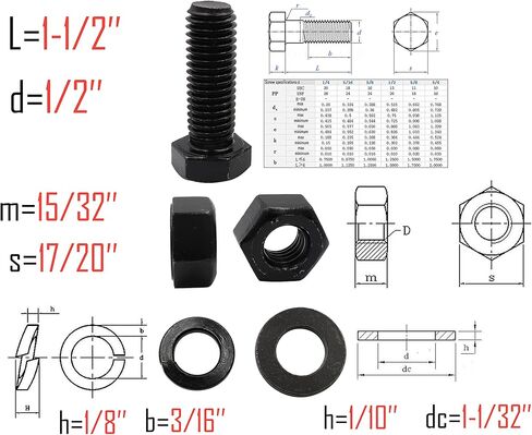 LBY 8 Sets 1/2-13×1-1/2 Hex Head Screws Bolts(Fully Threaded), Nuts(Heavyd), Flat & Lock Washers Kit, Alloy Steel (Black) in Saudi Arabia