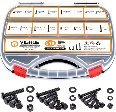 VIGRUE Hex Bolts Assorted Black SAE Bolt Nuts Kit, 316PCS 1/4-20, 5/16-18, 3/8-16 Hex Head Screw Bolt Nuts, Flat & Lock Washers Assortment Set, Black Oxide 18-8 (304) Stainless Steel, Fully Threaded in Saudi Arabia
