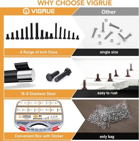VIGRUE Hex Bolts Assorted Black SAE Bolt Nuts Kit, 316PCS 1/4-20, 5/16-18, 3/8-16 Hex Head Screw Bolt Nuts, Flat & Lock Washers Assortment Set, Black Oxide 18-8 (304) Stainless Steel, Fully Threaded in Saudi Arabia