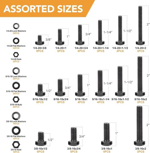 VIGRUE Hex Bolts Assorted Black SAE Bolt Nuts Kit, 316PCS 1/4-20, 5/16-18, 3/8-16 Hex Head Screw Bolt Nuts, Flat & Lock Washers Assortment Set, Black Oxide 18-8 (304) Stainless Steel, Fully Threaded in Saudi Arabia