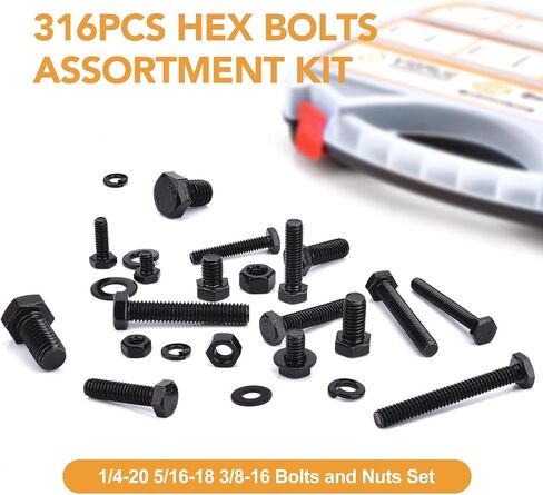 VIGRUE Hex Bolts Assorted Black SAE Bolt Nuts Kit, 316PCS 1/4-20, 5/16-18, 3/8-16 Hex Head Screw Bolt Nuts, Flat & Lock Washers Assortment Set, Black Oxide 18-8 (304) Stainless Steel, Fully Threaded in Saudi Arabia