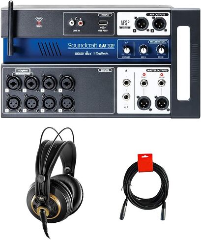 حزمة خلاط رقمي Soundcraft Ui12 ذات 12 مدخل يتم التحكم فيها عن بعد مع سماعات رأس ستيريو AKG K240 Studio Pro وكابل XLR in Kuwait