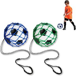 2PCS Soccer Ball Net Soccer Training Equipment, Football Kick Throw Solo Practice Training Aid, Upgrade Elastic Rope Soccer Nets for Kids Youth Adults for Ball Size 3, 4, 5, Vibrant Green and Blue