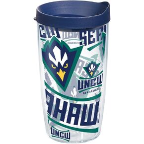 Tervis UNC Wilmington Seahawks All Over Insulated Tumbler with Wrap and Navy Lid, 16oz, Clear