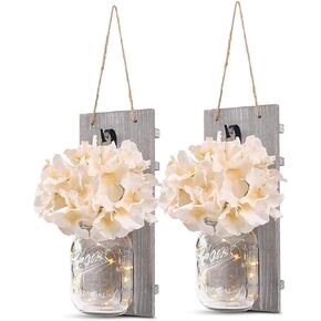 iDECOE Premium Mason Jar Wall Decor Sconces - Rustic Grey Decorative Wall Decor with LED String Lights, 6 Hours Auto Timer, Wrought Iron Hooks, Silk Hydrangea Flower for Home Decoration (Set of 2)