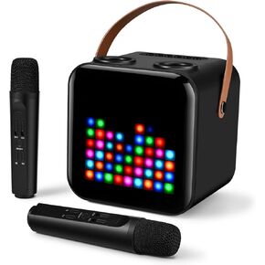 Protable Karaoke Machine with Two Wireless Microphones Rechargeable Karaoke Machine for Kid and Adult PA Speaker System 18 LED Pattern Support TWS/Radio/AUX/REC Funny Voice(Black)