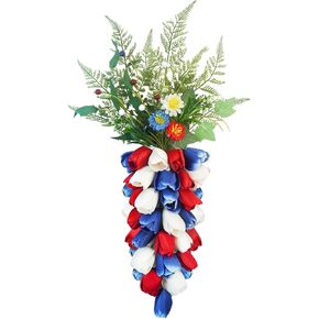 4th of July Decor Tulip Swag Decor 24‘’ Independence Day Teardrop Swag Door Swag with Green Branches Red White Blue Flower Swag Wreath Decoration for Home Wall Window