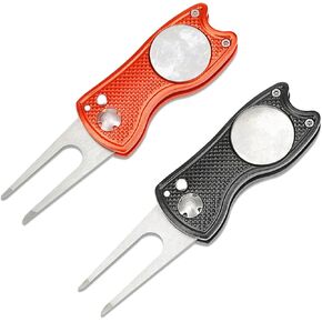 2 Pieces Golf Divot Repair Tool with Pop-up Button & Magnetic Ball Marker Metal and Foldable Design(Red + Black)