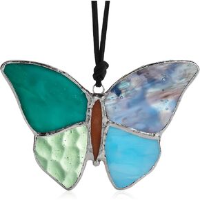 H&D HYALINE & DORA Blue Butterfly Stained Glass Panels Window Hangings Glass Art Ornament Indoor Outdoor Decorations