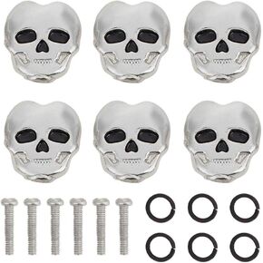 Alomejor 6pcs Tuning Key Button cover Set with Adapter Rings and Screws Skull Shape Tuner Machine Head Replacement for Electric Guitar(Silver)