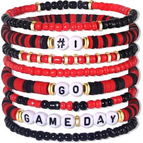 CEALXHENY Football Game Day Bracelets for Women Red Blue Spirit Day Accessories Stackbale Clay Heishi Bracelets Beaded Stretch Bracelet Football Mom Accessories Outfits Game Day Preppy Jewelry Gifts