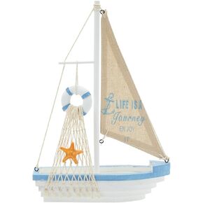 Juvale Life is A Journey, Enjoy It Wooden Sailboat Model with Flag, Net, Starfish, and Floating Tube for Nautical Home and Bathroom Boat Decor, Countertop, Shelf (13x8x3 in)