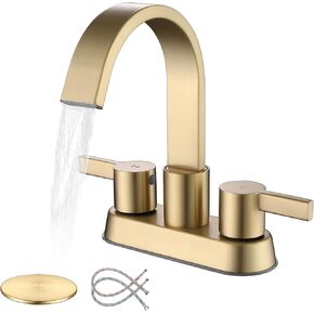 Bathroom Sink Faucet 3 Hole Brushed Gold, 2 Handle 4 Inch Centerset Stainless Steel Bathroom Faucet with Pop up Drain and 2 Supply Lines, Waterfall Faucet Modern Faucet Bathroom, SE-0048-BG