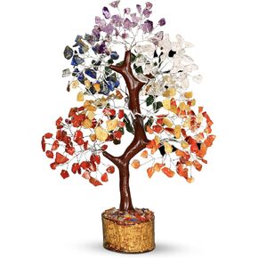PYOR 7 Chakra Crystal Bonsai Tree, 10-12 inch, Red, Amethyst, Lapis, Carnelian, Clear Quartz, Yellow Aventurine, Green Aventurine, Silver Wire