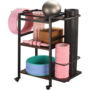 Yoga Mat Storage Rack, Home Gym Rack, Workout Equipment Organizer for Yoga Mat, Foam Roller, Dumbbell, Gym Accessories, Yoga Mat Holder for Women Exercise and Fitness with Hooks Wheels