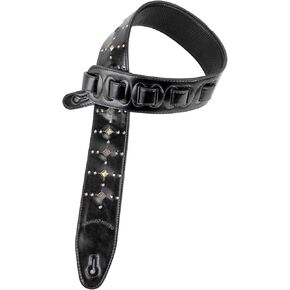 Walker & Williams GE-221 Black Padded Guitar Strap with Inset Brass Studs & Silver Rivets For Acoustic, Electric, And Bass Guitars