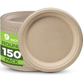 100% Compostable Paper Plates Heavy Duty - 150 Pack Biodegradable Disposable Plates – 9" Brown Disposable Dinner Plates Made of Eco-Friendly, Natural Unbleached Sugarcane Bagasse, Microwavable Plates