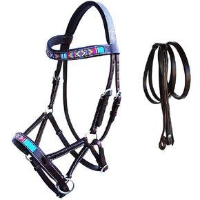 CHALLENGER Horse Western Leather Tack Beaded Bitless Sidepull Bridle Reins Brown 77RS15BR